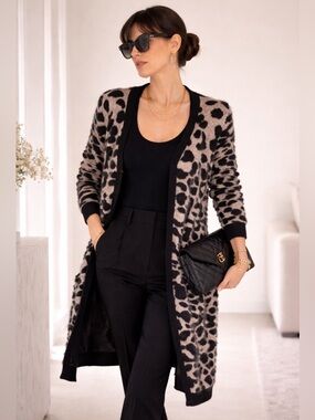 Anatomie Leopard Print Cardigan Coat Size 2 | Fuzzy Knit Longline Chic NWT